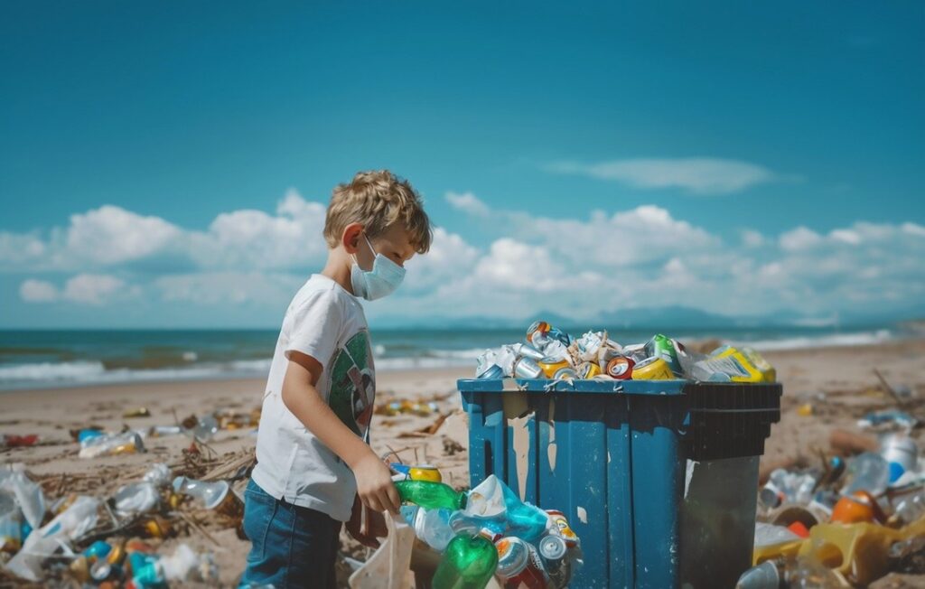 Little boy standing on beach next to plastic waste