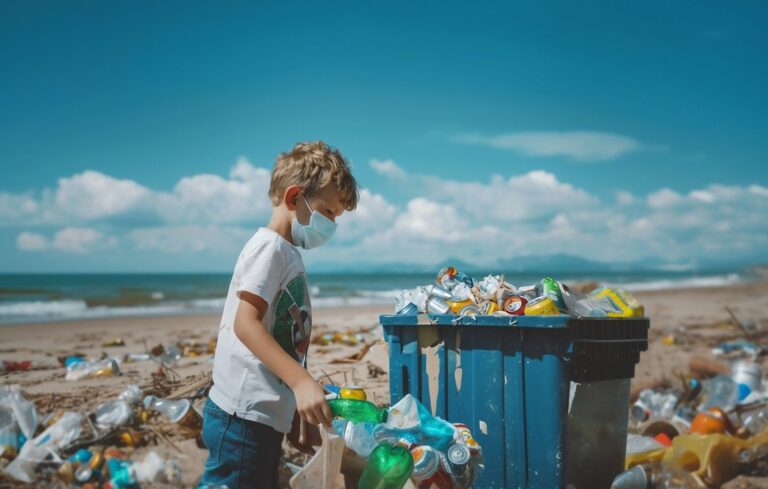 Little boy standing on beach next to plastic waste